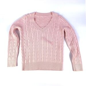 VTG Chaps Ralph Lauren Cable Knit Sweater Womens Sz S Pink V Neck Old Money Prep